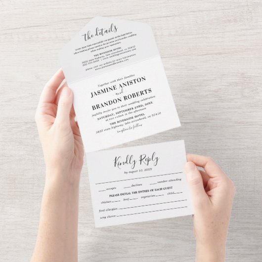 Elegant Black & White All in One Wedding Invite All In One Uitnodiging (Afscheurbaar)