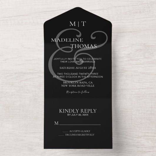 Elegant Black White Ampersand Calligraphy Wedding All In One Uitnodiging (Binnen)