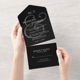 Elegant Black White Ampersand Calligraphy Wedding All In One Uitnodiging
