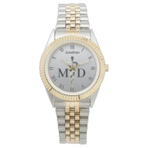 Elegant Black White Asclepius Medical Doctor MD Horloge
