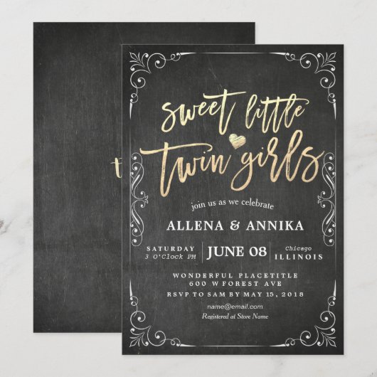 Elegant Black White Baby shower Sweet Little Twins Kaart (Voorkant / Achterkant)