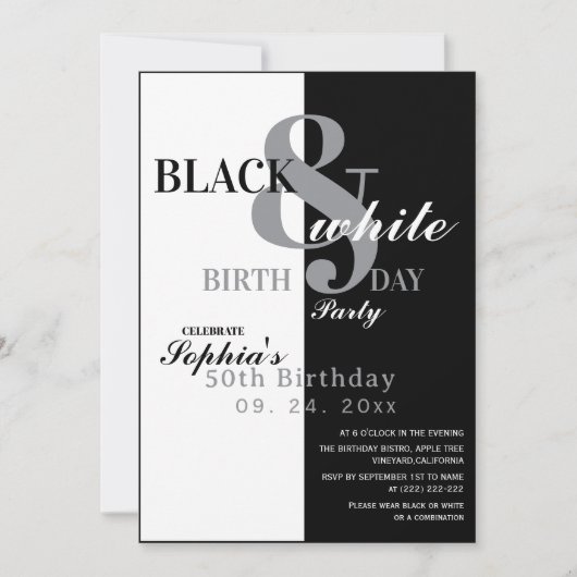 Elegant Black & White Birthday Party Kaart (Voorkant)