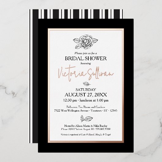 Elegant Black & White Botanical Folie Invitation Folie Uitnodiging (Voorkant / Achterkant)