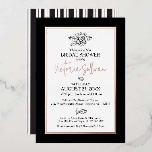Elegant Black & White Botanical Folie Invitation Uitnodiging (Voorkant / Achterkant)