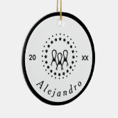 Elegant Black & White Bowling Logo Naam & Jaar Keramisch Ornament (Rechts)