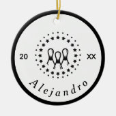 Elegant Black & White Bowling Logo Naam & Jaar Keramisch Ornament (Voorkant)