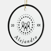 Elegant Black & White Bowling Logo Naam & Jaar Keramisch Ornament (Links)