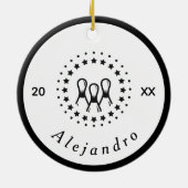 Elegant Black & White Bowling Logo Naam & Jaar Keramisch Ornament (Achterkant)