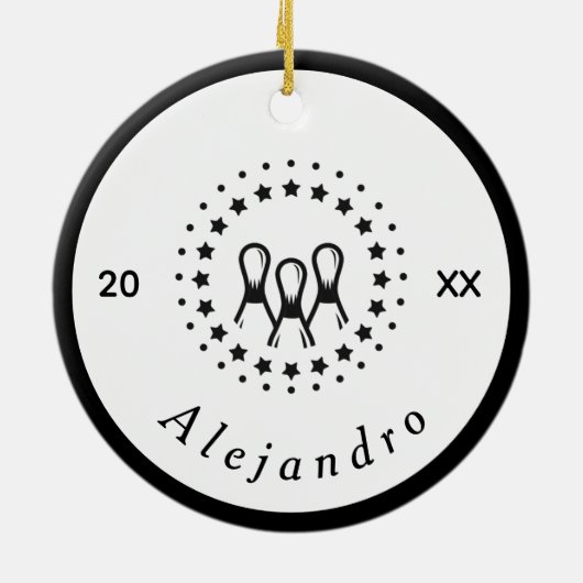 Elegant Black & White Bowling Logo Naam & Jaar Keramisch Ornament (Achterkant)