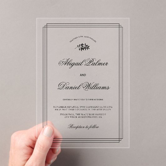 Elegant black, white branch and border wedding acryl uitnodigingen (Insitu (Draagbaar))