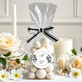 Elegant black, white branch and initials wedding ronde sticker