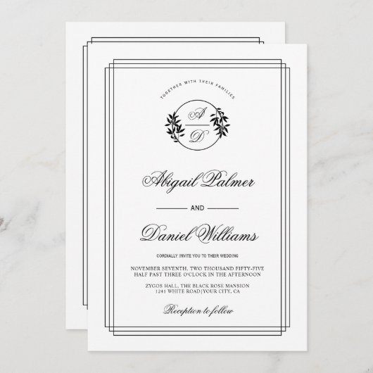 Elegant black, white branch and QR code wedding Kaart (Voorkant / Achterkant)