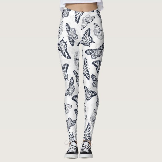 Elegant Black White Butterfly Design Leggings (Voorkant)