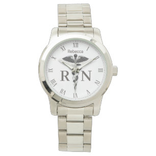 Elegant Black White Caduceus Registered Nurse RN Horloge