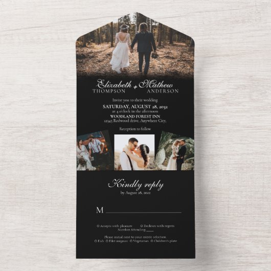 Elegant Black White Calligraphy Photo Wedding All In One Uitnodiging (Binnen)