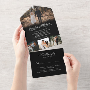 Elegant Black White Calligraphy Photo Wedding All In One Uitnodiging