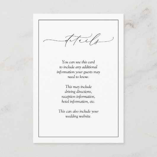 Elegant Black & White Calligraphy Wedding Details Informatiekaartje (Voorkant)