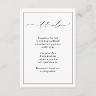 Elegant Black & White Calligraphy Wedding Details Informatiekaartje