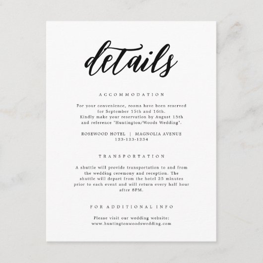 Elegant Black & White Calligraphy Wedding Details Informatiekaartje (Voorkant)