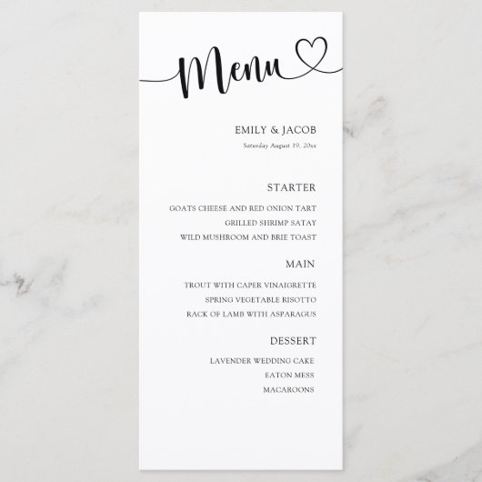 Elegant Black & White Calligraphy Wedding Menu (Voorkant)