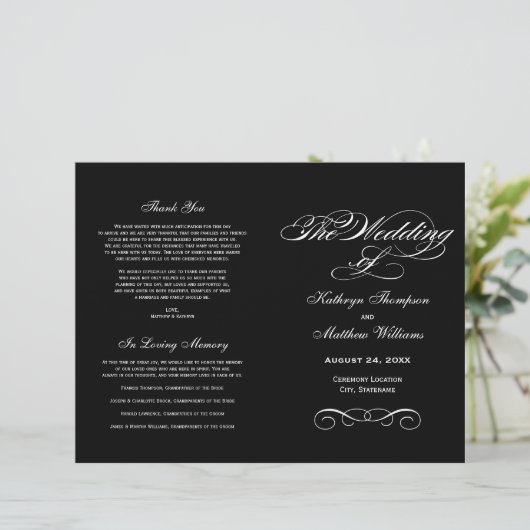 Elegant Black White Calligraphy Wedding Programs (Staand voorkant)