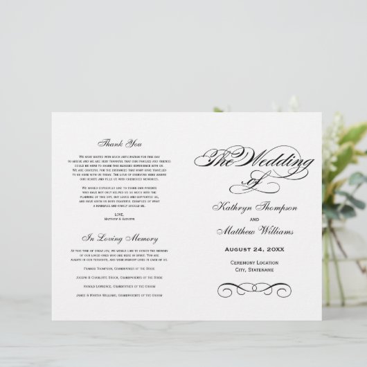 Elegant Black White Calligraphy Wedding Programs (Staand voorkant)