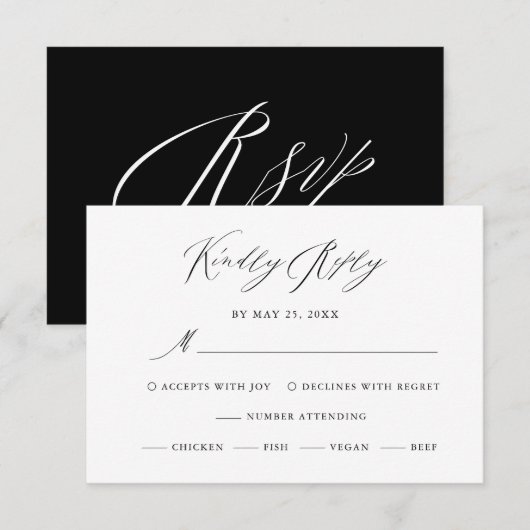 Elegant Black White Calligraphy Wedding RSVP Kaartje (Voorkant / Achterkant)