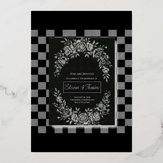 Elegant Black & White Cascading Floral Wedding Folie Uitnodiging (Voorkant)