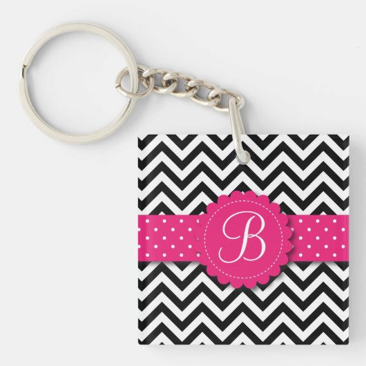 Elegant Black White Chevron Monogram Girly Pink Sleutelhanger (voorkant)