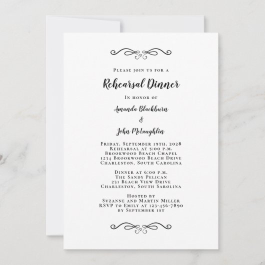 Elegant Black White Chic Wedding Rehearsal Dinner Kaart (Voorkant)