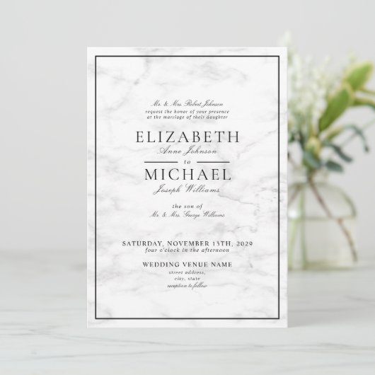 Elegant Black White Classic Marble Script Wedding Kaart (Staand voorkant)