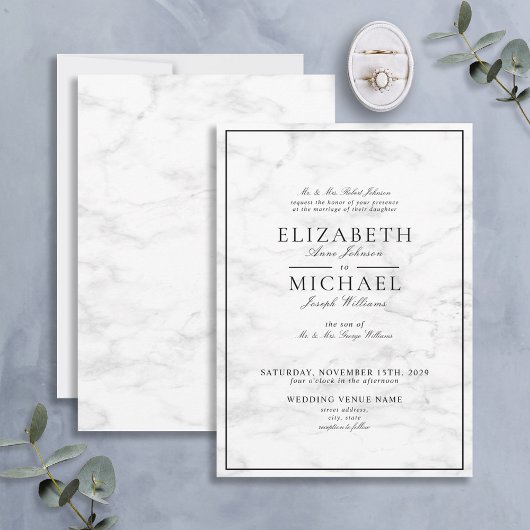 Elegant Black White Classic Marble Script Wedding Kaart