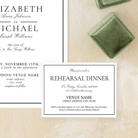 Elegant Black & White Classic Script Rehearings Informatiekaartje