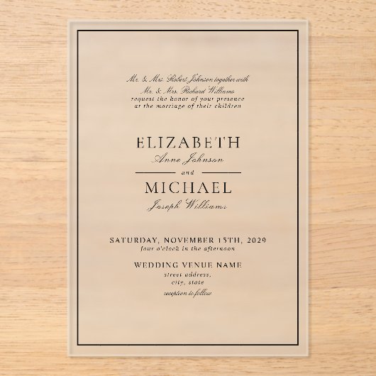 Elegant Black & White Classic Script Weddenschap Acryl Uitnodigingen (Voorkant)