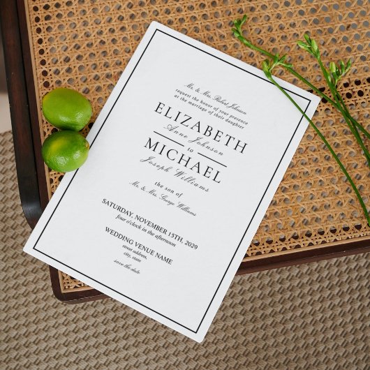 Elegant Black & White Classic Script Weddenschap Kaart
