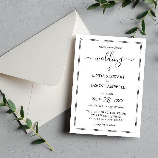Elegant Black & White Classic Script Weddenschap Kaart