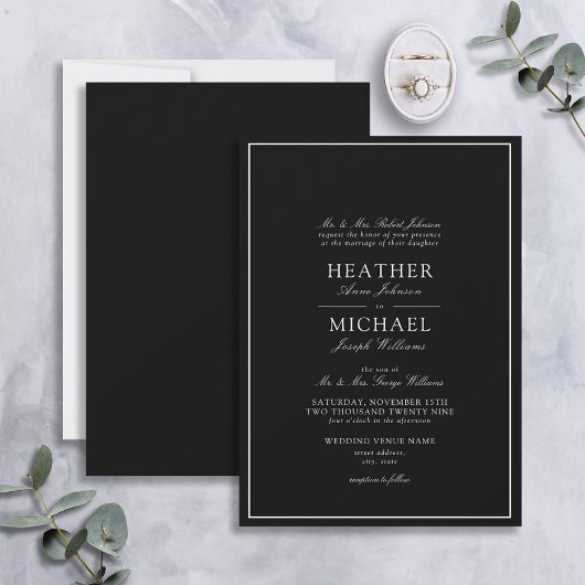 Elegant Black & White Classic Script Wedding Invin Kaart