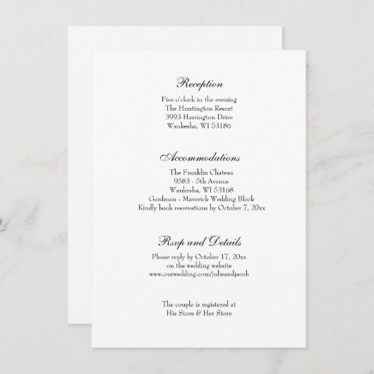 Elegant Black & White Classic Weddenschap Receptio Kaart (Voorkant / Achterkant)