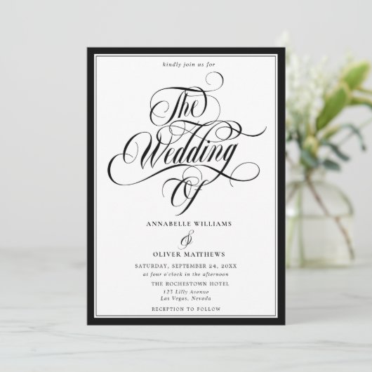 Elegant Black & White Classic Wedding Kaart (Staand voorkant)