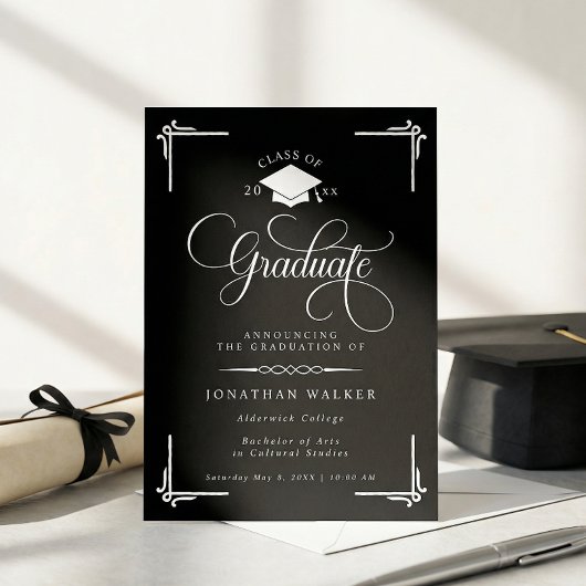 Elegant Black White College Graduation  Aankondiging