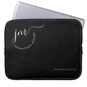 Elegant Black White Curvated Signature Monogram Laptop Sleeve