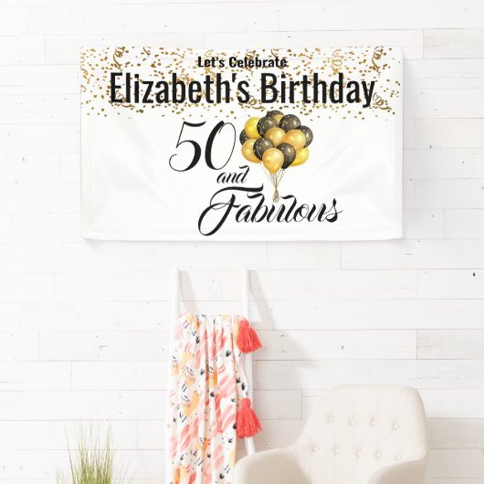 Elegant Black White Custom 50th Birthday Confetti Spandoek (Insitu)