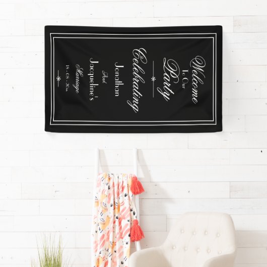 Elegant Black White Custom Weddenschap Welkomstban Spandoek (Insitu)