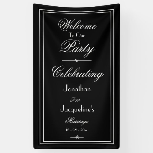 Elegant Black White Custom Weddenschap Welkomstban Spandoek (Verticaal)