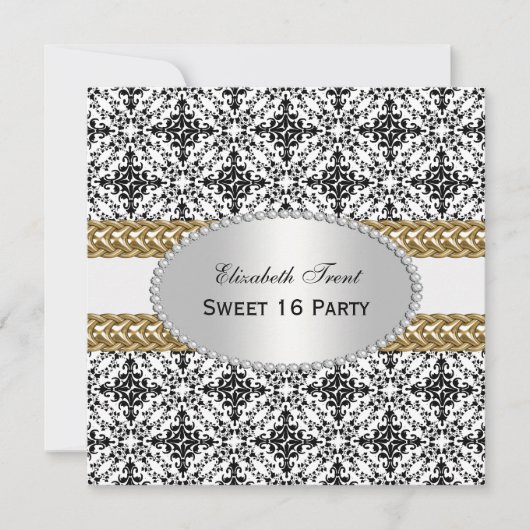 Elegant Black White Damask #2 Gold Sweet 16 #2 Kaart (Voorkant)