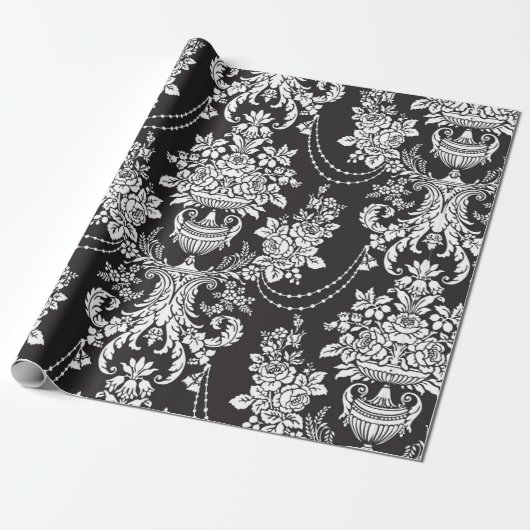 Elegant Black White Damask Cadeaupapier (Uitgerold)