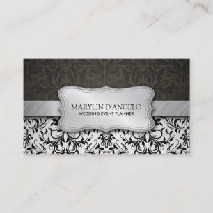 Elegant Black & White Damask en Metallic Silver Visitekaartje