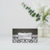 Elegant Black & White Damask en Metallic Silver Visitekaartje (Staand voorkant)