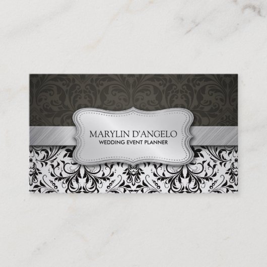 Elegant Black & White Damask en Metallic Silver Visitekaartje (Voorkant)