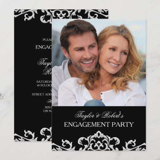 Elegant Black & White Damask Engagement Party Kaart (Voorkant / Achterkant)